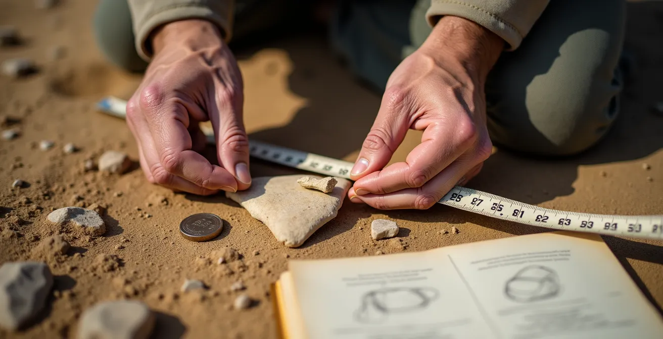 Hände eines Archäologen dokumentieren vorsichtig einen Keramikfund mit Maßstab und Notizblock
