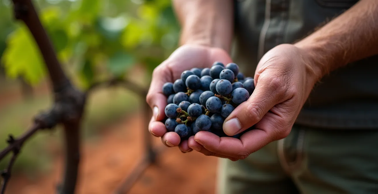 Alte Manto Negro Rebstöcke auf rotem Boden mit charakteristischem Kopfschnitt