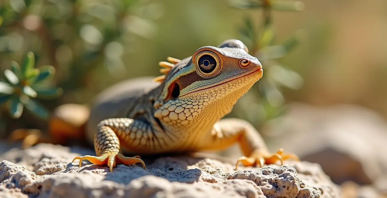 Makroaufnahme einer endemischen Balearen-Eidechse auf warmem Kalkstein mit unscharfem mediterranem Hintergrund