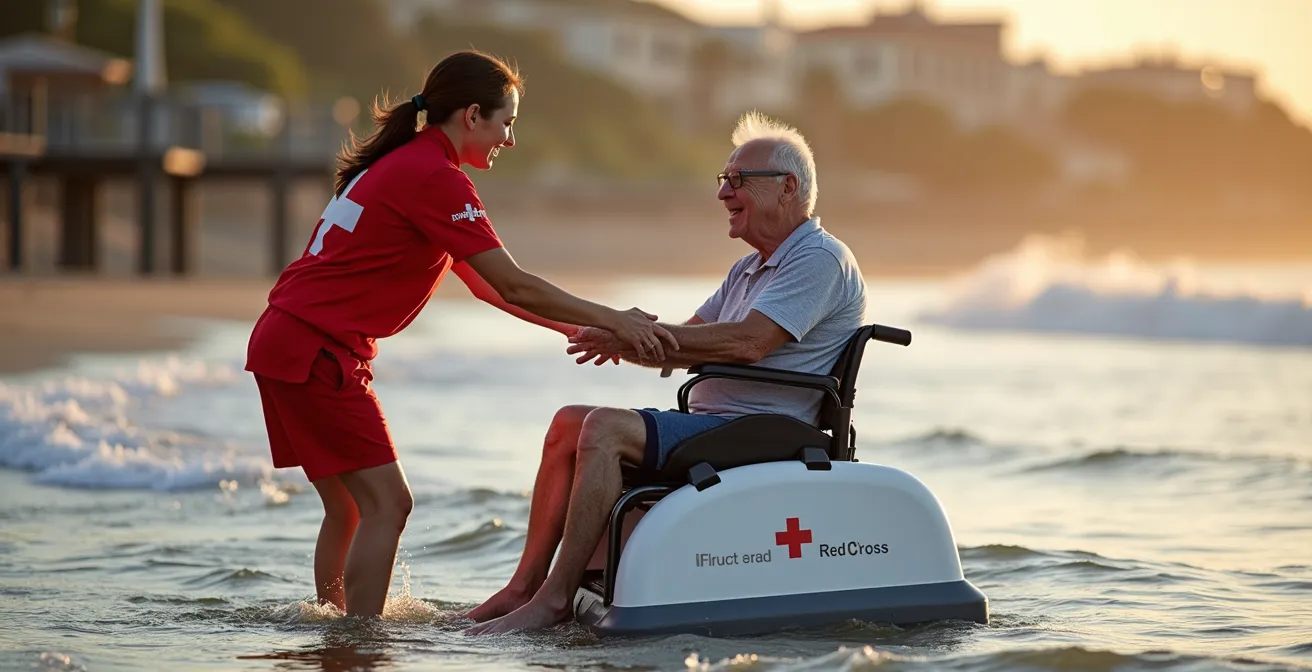 Gut organisierter barrierefreier Strandbereich mit Holzstegen, reservierten Liegeplätzen und Erste-Hilfe-Station
