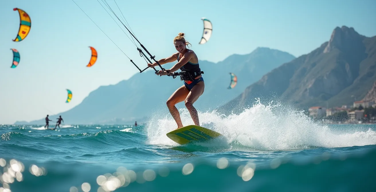 Kitesurfer nutzen den Embat-Wind in der Bucht von Alcúdia an einem heißen Sommertag