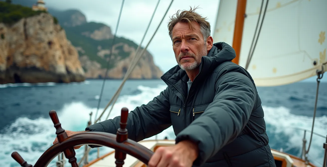 Eine Segelyacht navigiert bei starkem Wind und Wellen um die felsige Küste von Cap de Formentor.