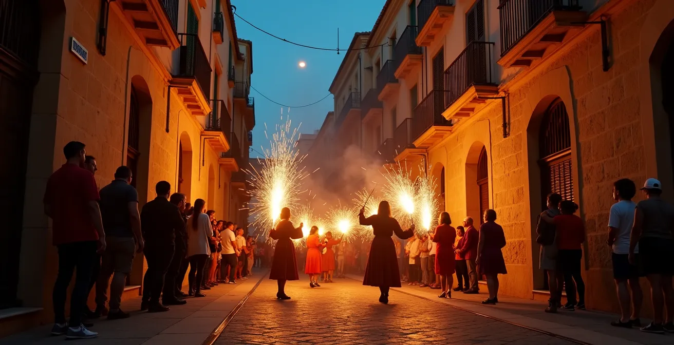 Feuerteufel mit Feuerwerkskörpern während eines Correfoc auf Mallorca aus sicherer Entfernung