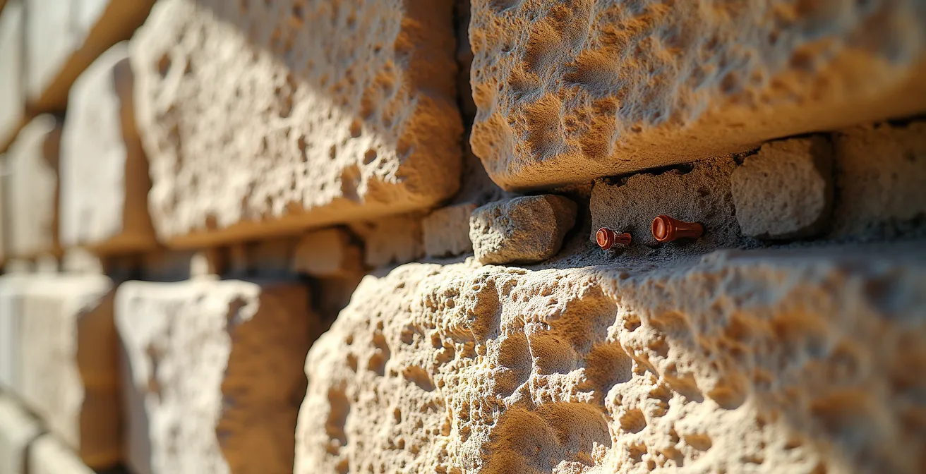 Detailaufnahme historischer Marès-Steinmauer mit versteckter moderner Klimatechnik