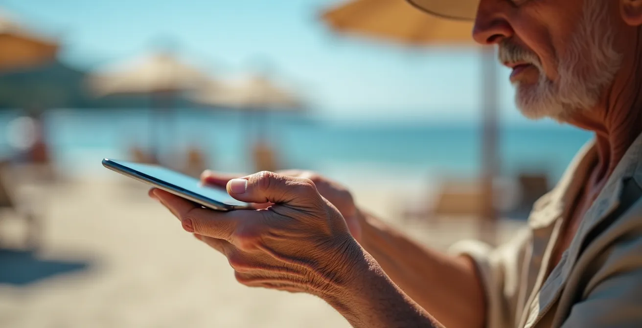 Senior nutzt Tablet zur digitalen Reservierung eines barrierefreien Strandplatzes