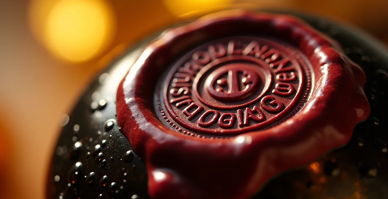 Makroaufnahme eines D.O. Binissalem Siegels auf einer Weinflasche mit unscharfem Weinberg im Hintergrund