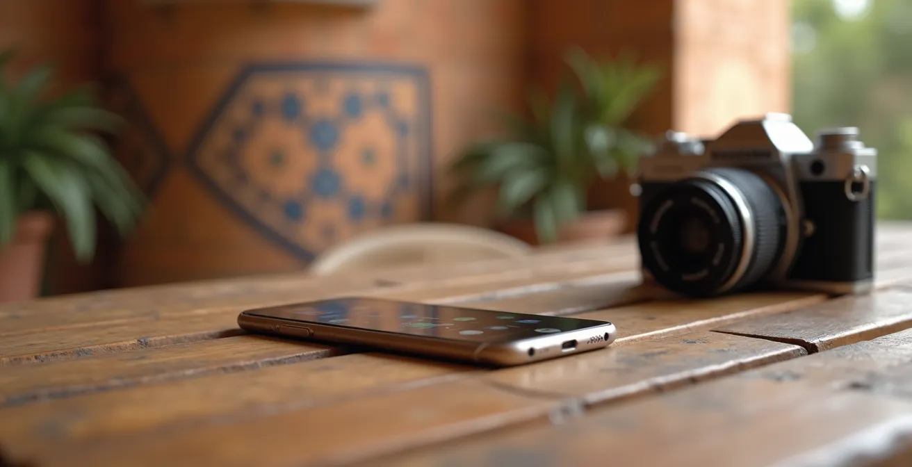 Detailaufnahme eines Übergabeprotokolls mit Smartphone und Kamera auf einem Holztisch