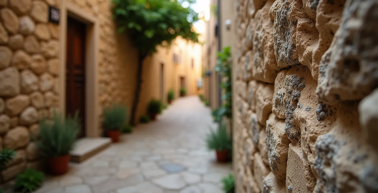 Extrem enge Gasse in Banyalbufar mit traditionellen Steinmauern