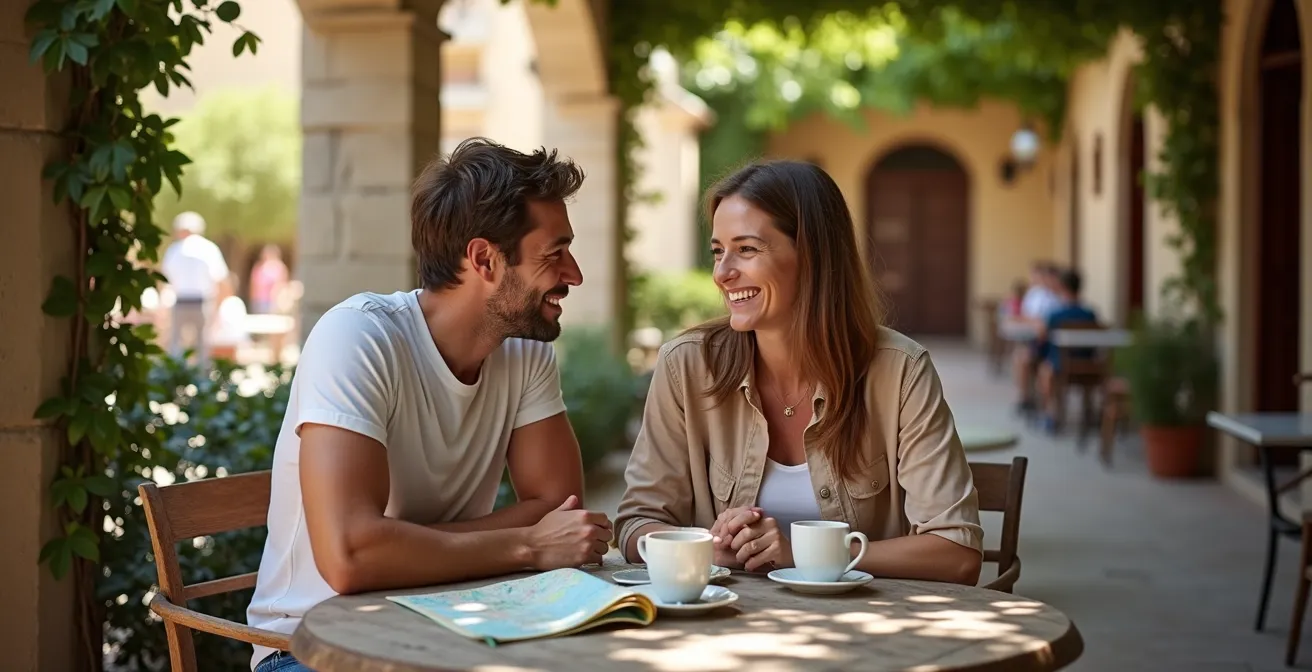 Reisende in einem mallorquinischen Café mit Landkarte und entspannter Atmosphäre