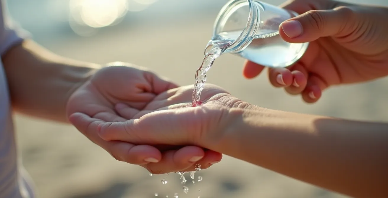 Erste-Hilfe-Station am Strand mit Essigflasche und Meerwasser zur Behandlung von Quallenkontakt