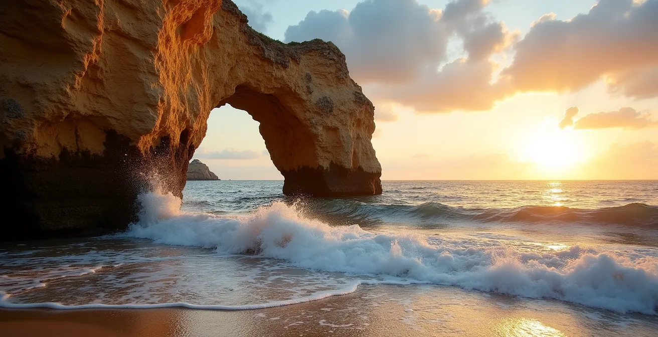 Es Pontàs Felsentor bei goldenem Abendlicht mit dramatischen Wellen