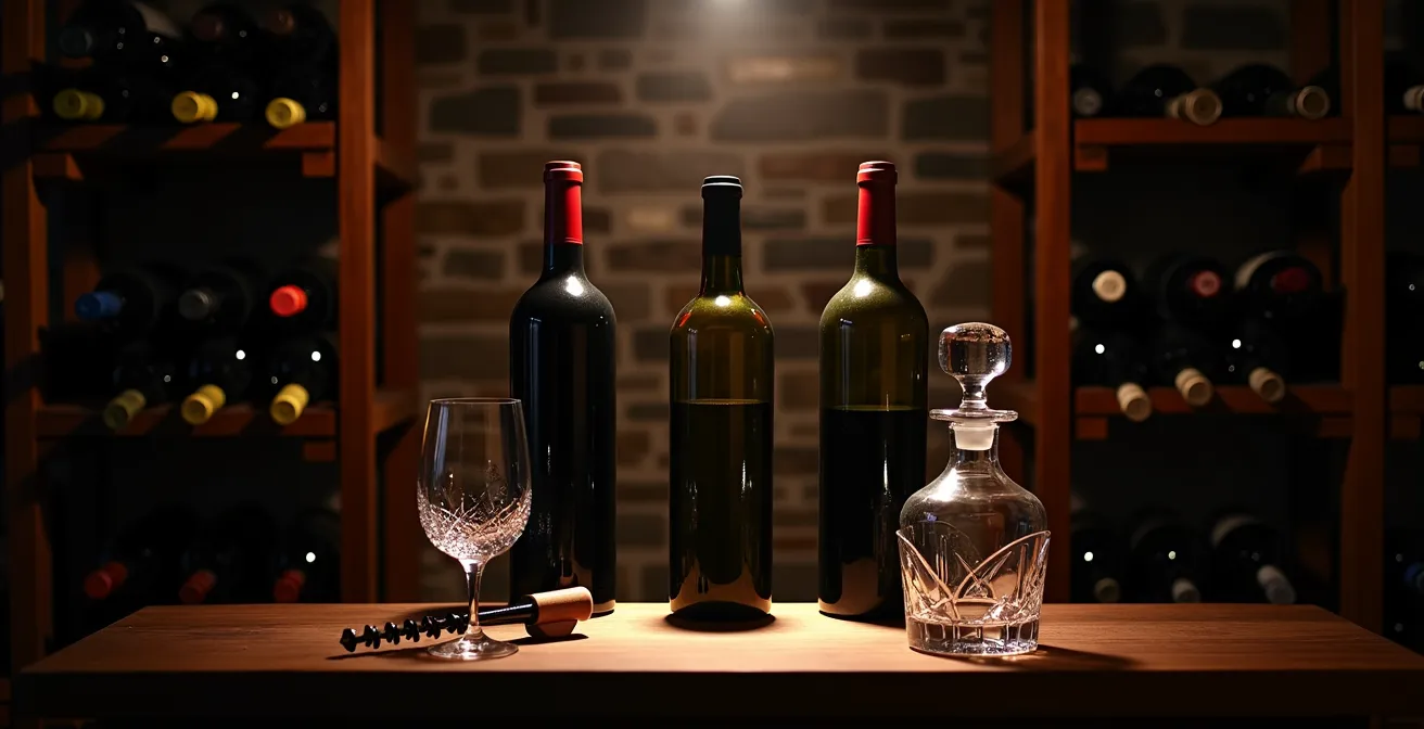 Elegante Präsentation limitierter mallorquinischer Weinflaschen in privatem Weinkeller