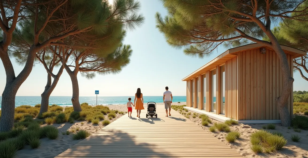 Familienfreundliche Strandinfrastruktur mit Holzsteg, der den Zugang zu sanitären Anlagen erleichtert.