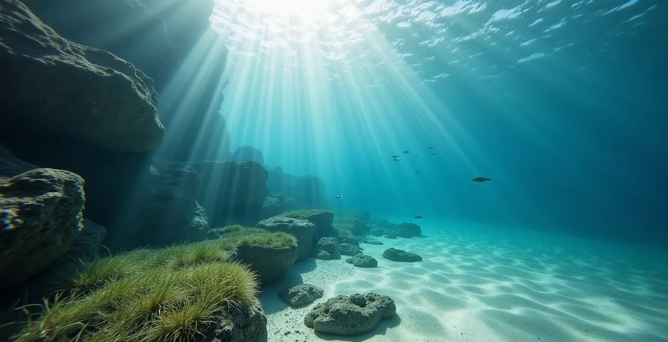 Unterwasseraufnahme einer felsigen Bucht mit Posidonia-Seegraswiesen und kristallklarem Wasser