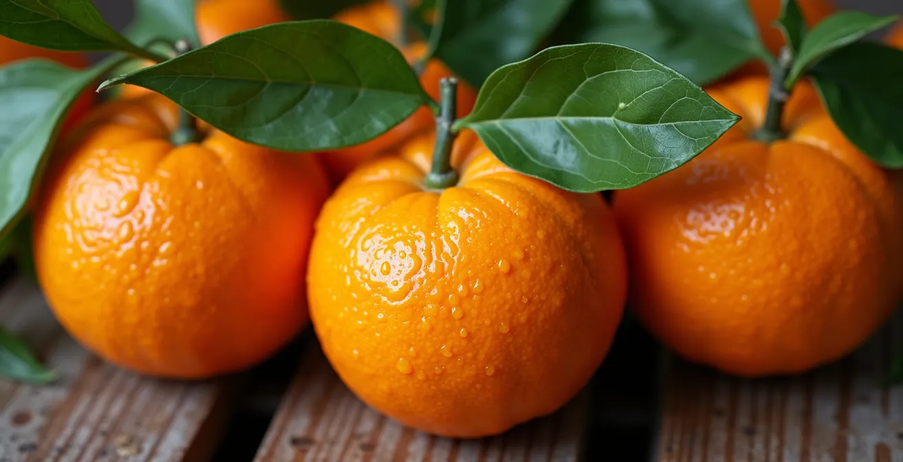 Frisch geerntete Canoneta-Orangen mit Blättern aus dem Sóller-Tal