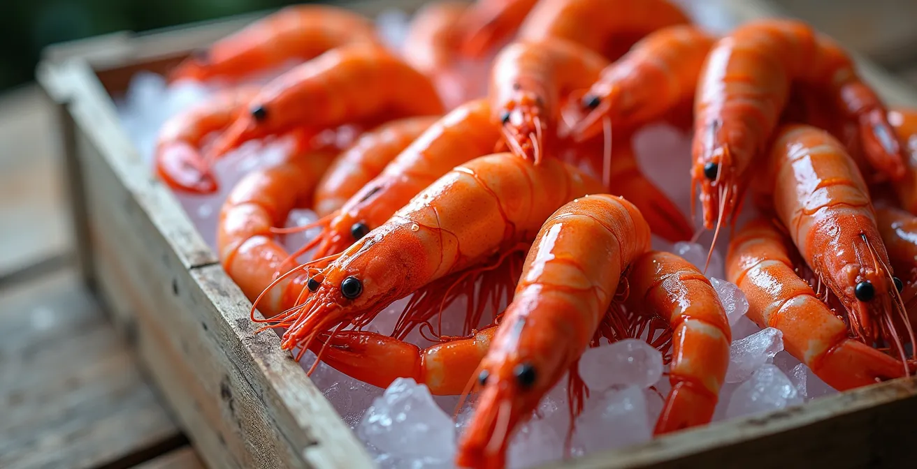 Nahaufnahme frischer Gambas de Sóller in traditioneller blauer Kiste auf Eis