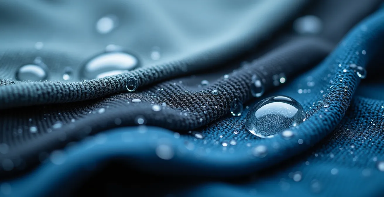 Detailaufnahme von Funktionskleidung in Schichten mit Wassertropfen