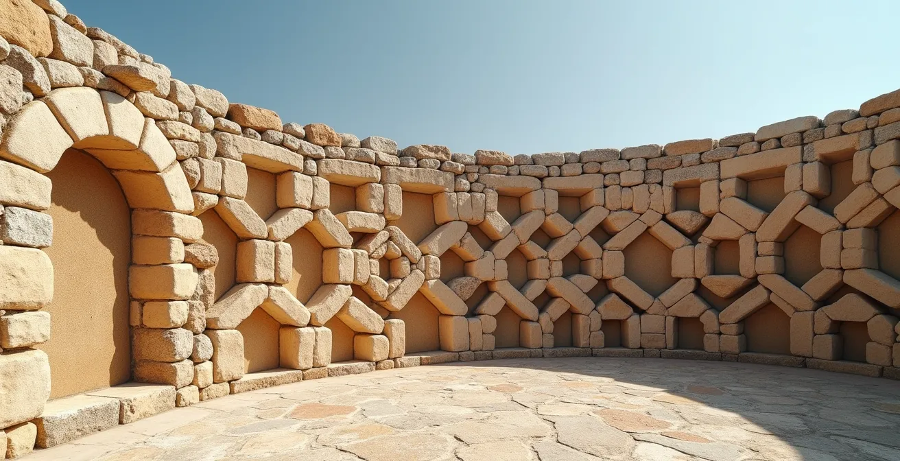 Abstraktes Mosaik aus alten Steinstrukturen und modernen DNA-Mustern