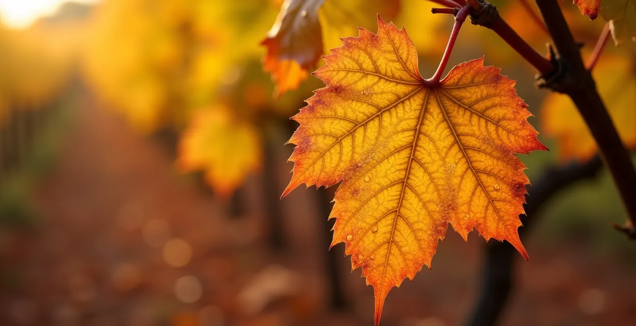 Makroaufnahme von herbstlich gefärbten Weinblättern auf rotem Boden