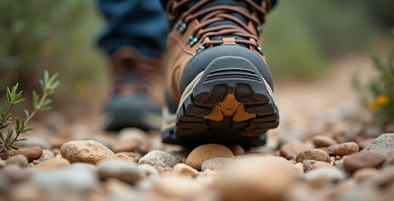 Detailaufnahme von Wanderschuhen auf steinigem Trockenmauerweg GR221 in der Tramuntana
