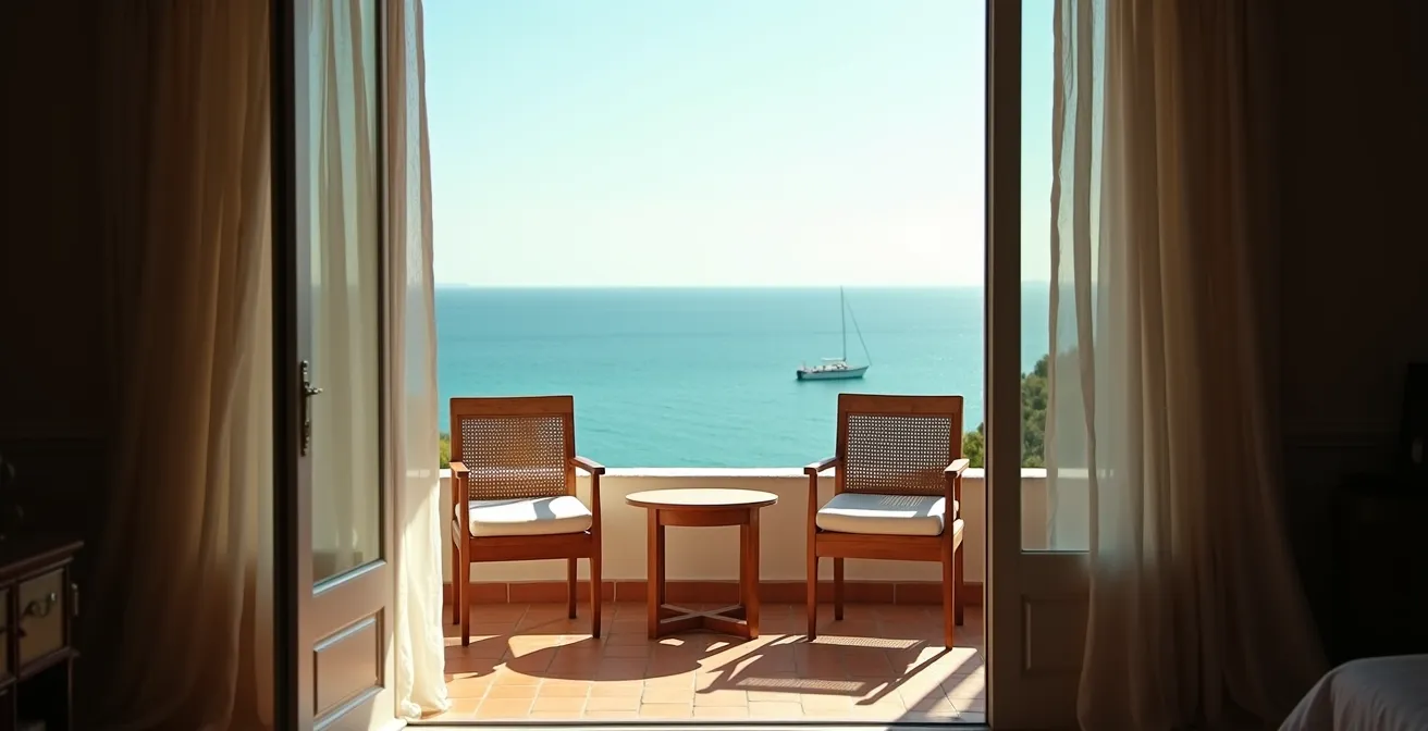 Hotelbalkon mit unverbautem frontalen Meerblick über die Bucht von Mallorca