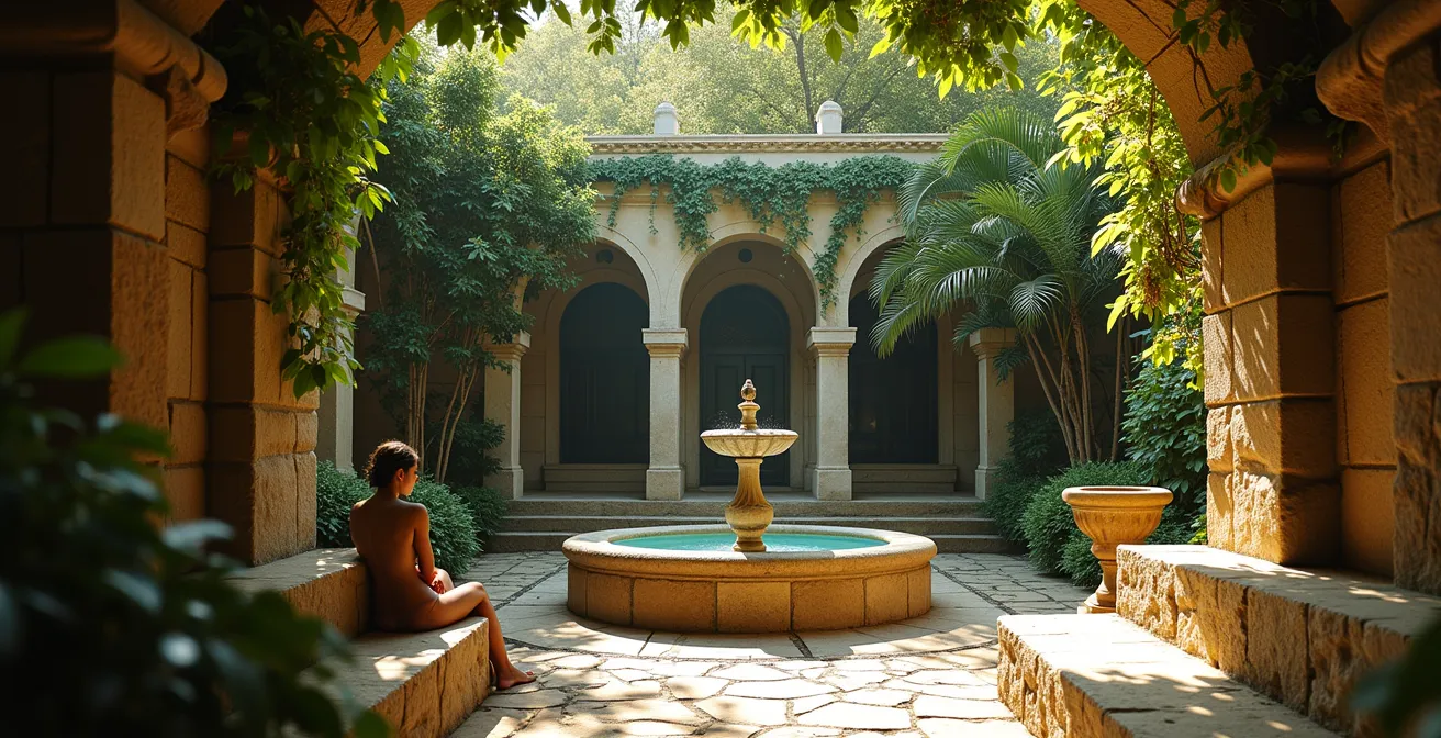 Versteckter mediterraner Garten mit Wasserplätschern und schattigen Bäumen in Palmas Altstadt