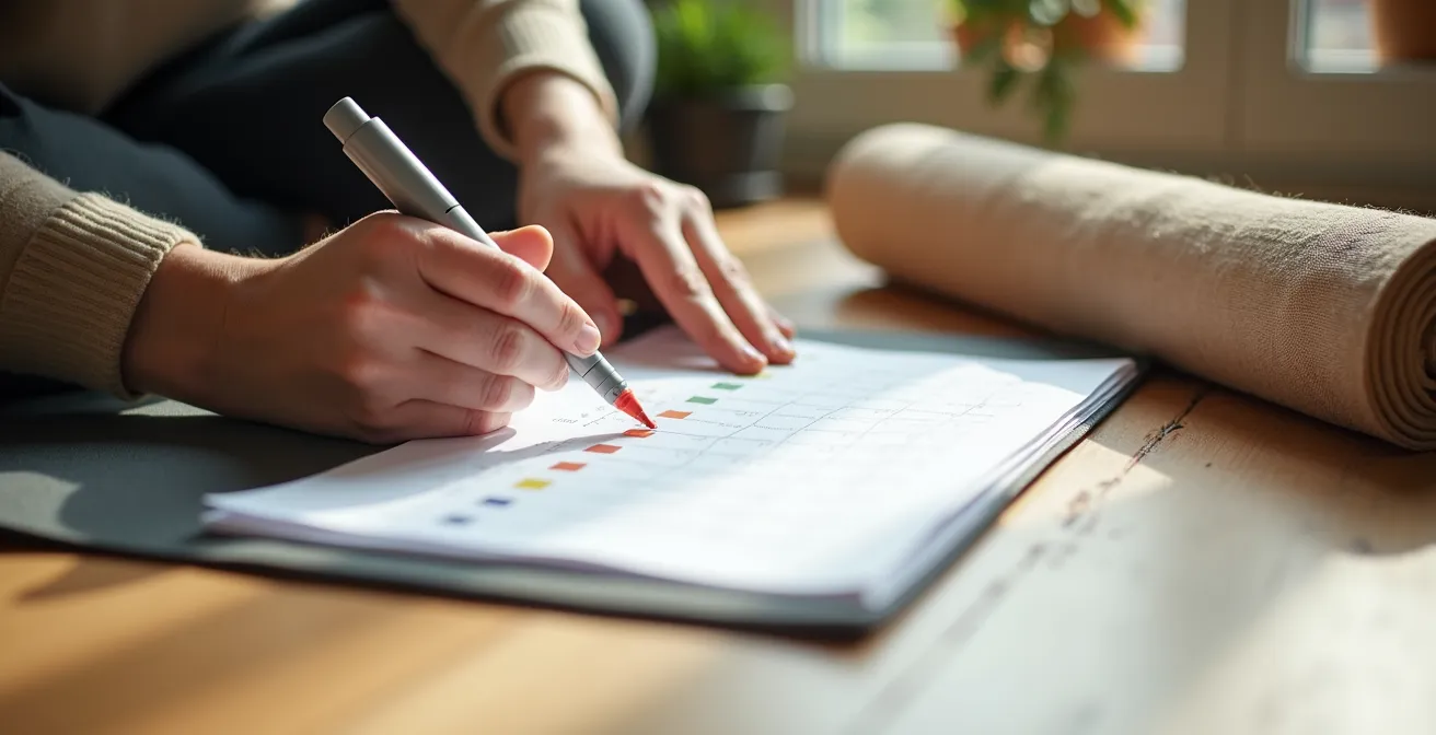 Person markiert achtsam Termine in einem Kalender neben einer Yogamatte