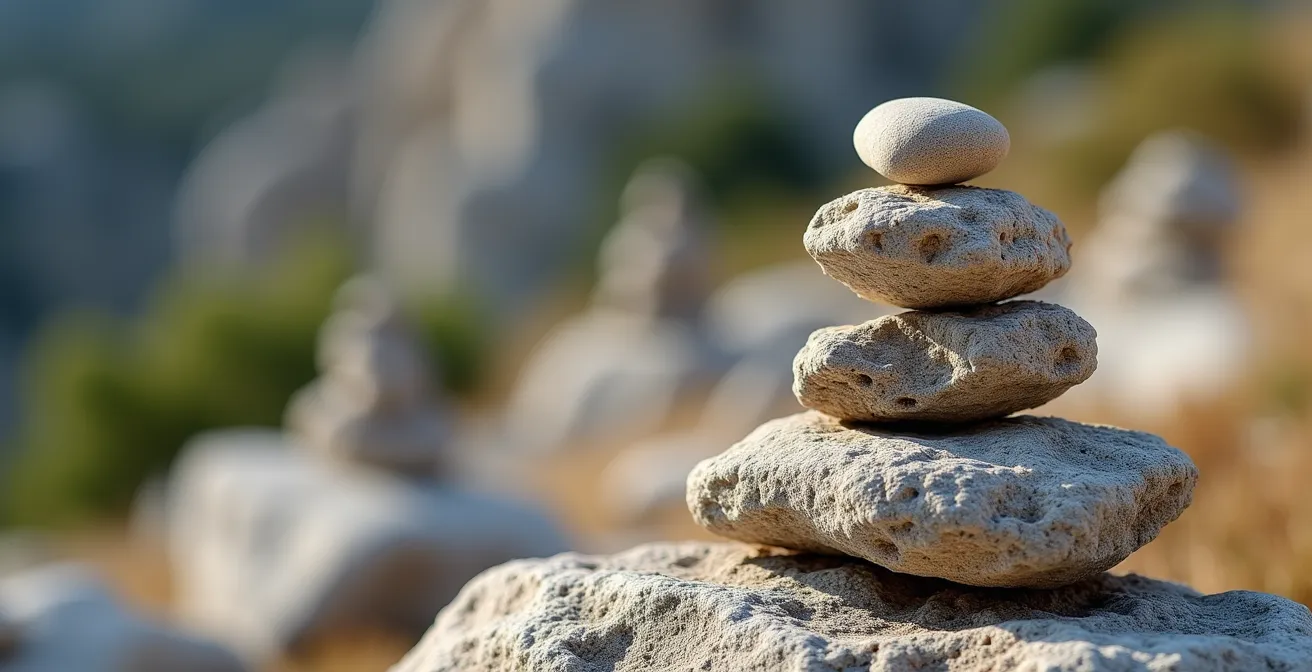 Steinmännchen-Wegmarkierungen im Karstgelände der Serra de Tramuntana