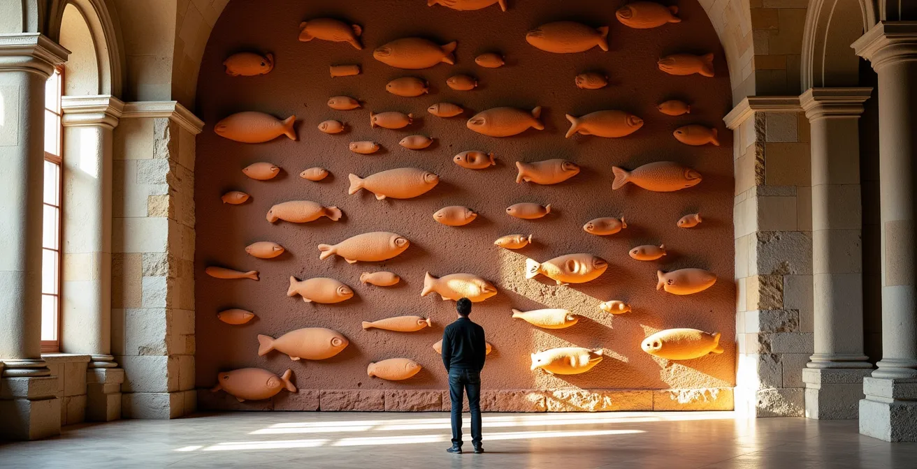 Moderne Keramikwand mit mediterranen Motiven in gotischer Kapelle