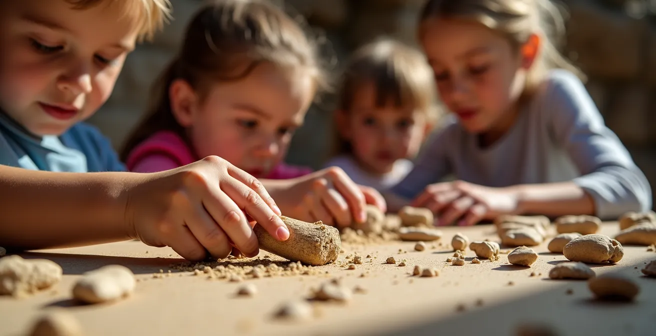 Kinder untersuchen spielerisch archäologische Fundstücke am Talayot