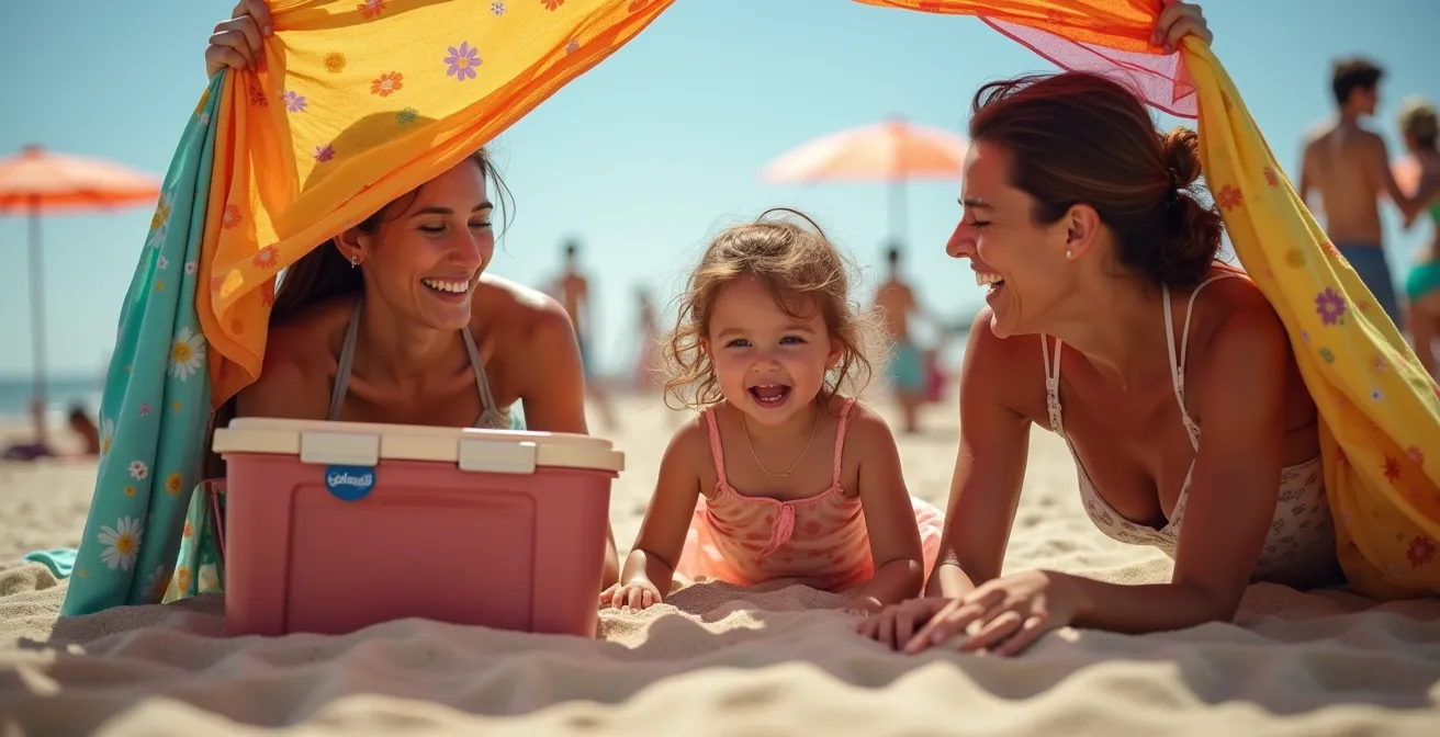 Familie mit improvisiertem Sonnenschutz aus Tüchern und Strandausrüstung