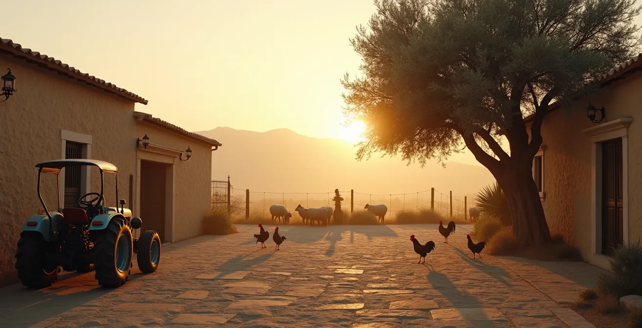 Morgendliche Hofszene einer mallorquinischen Finca mit natürlicher Geräuschkulisse
