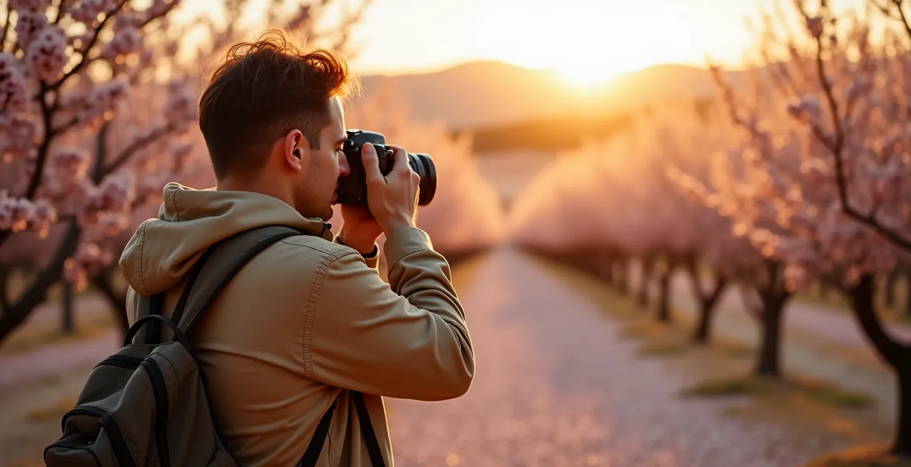Fotograf mit Kamera vor blühenden Mandelbäumen in der Serra de Tramuntana