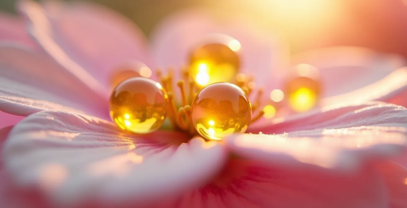 Makroaufnahme von goldenen Mandelöltropfen auf Mandelblütenblättern