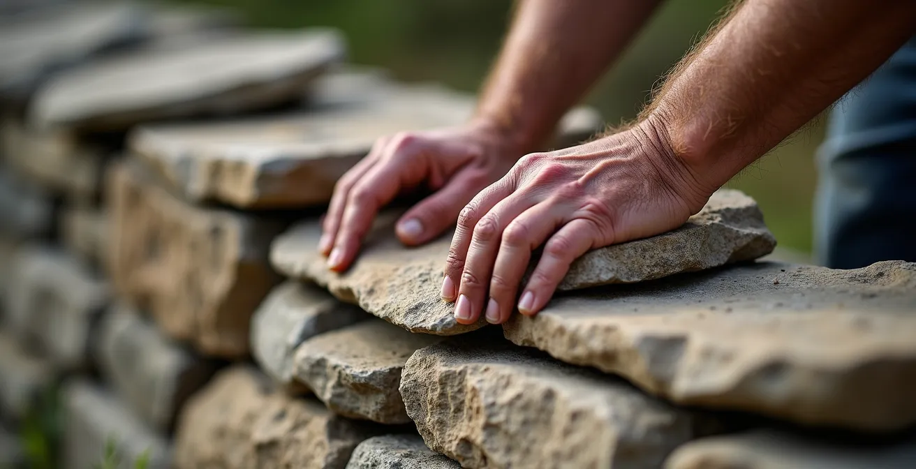 Nahaufnahme eines Margers beim traditionellen Trockenmauerbau ohne Mörtel