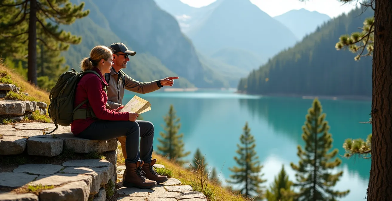 Wanderer am türkisblauen Cúber-Stausee mit Bergpanorama