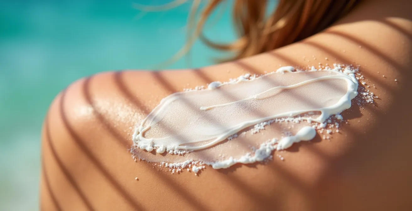 Symbolische Darstellung mineralischer Sonnencreme-Textur mit Zinkoxid-Partikeln auf gebräunter Haut