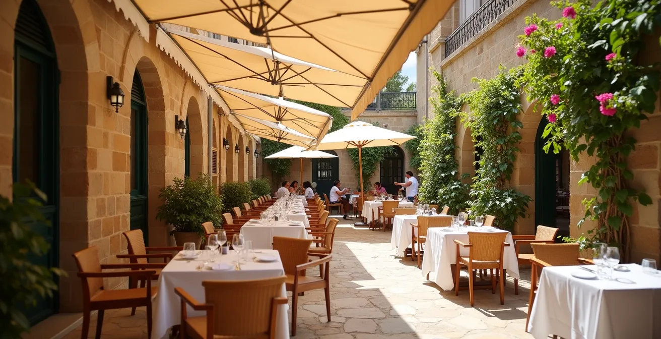 Luftige Restaurantterrasse in Palma zur Mittagszeit mit mediterranem Ambiente