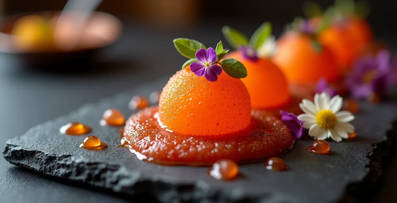 Nahaufnahme einer modernen Sobrassada-Kreation mit Schäumen und Texturen