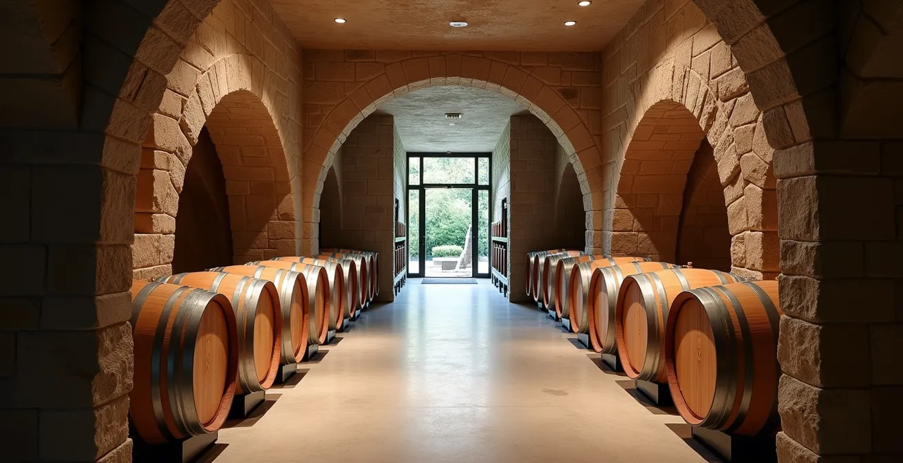 Zeitgenössische Bodega-Architektur mit Glasfassade und natürlicher Integration in die Weinberglandschaft