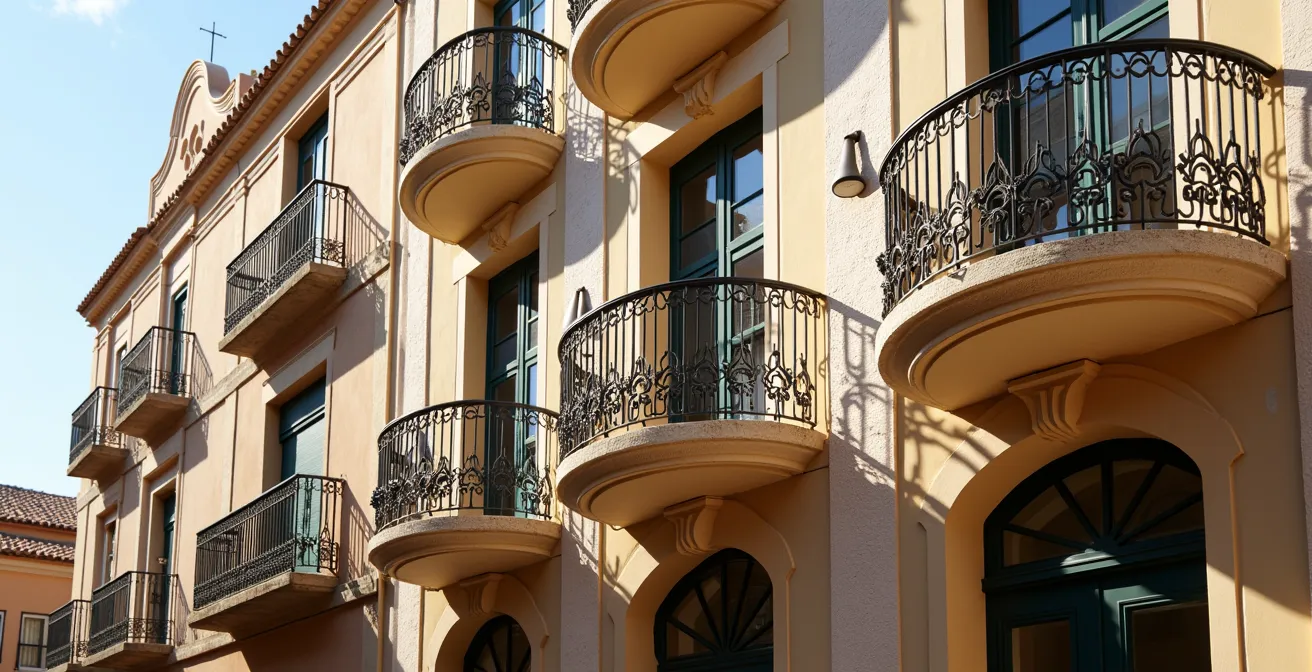 Weitwinkelaufnahme einer Modernisme-Fassade in Palma mit floralen Ornamenten und schmiedeeisernen Balkonen im Nachmittagslicht
