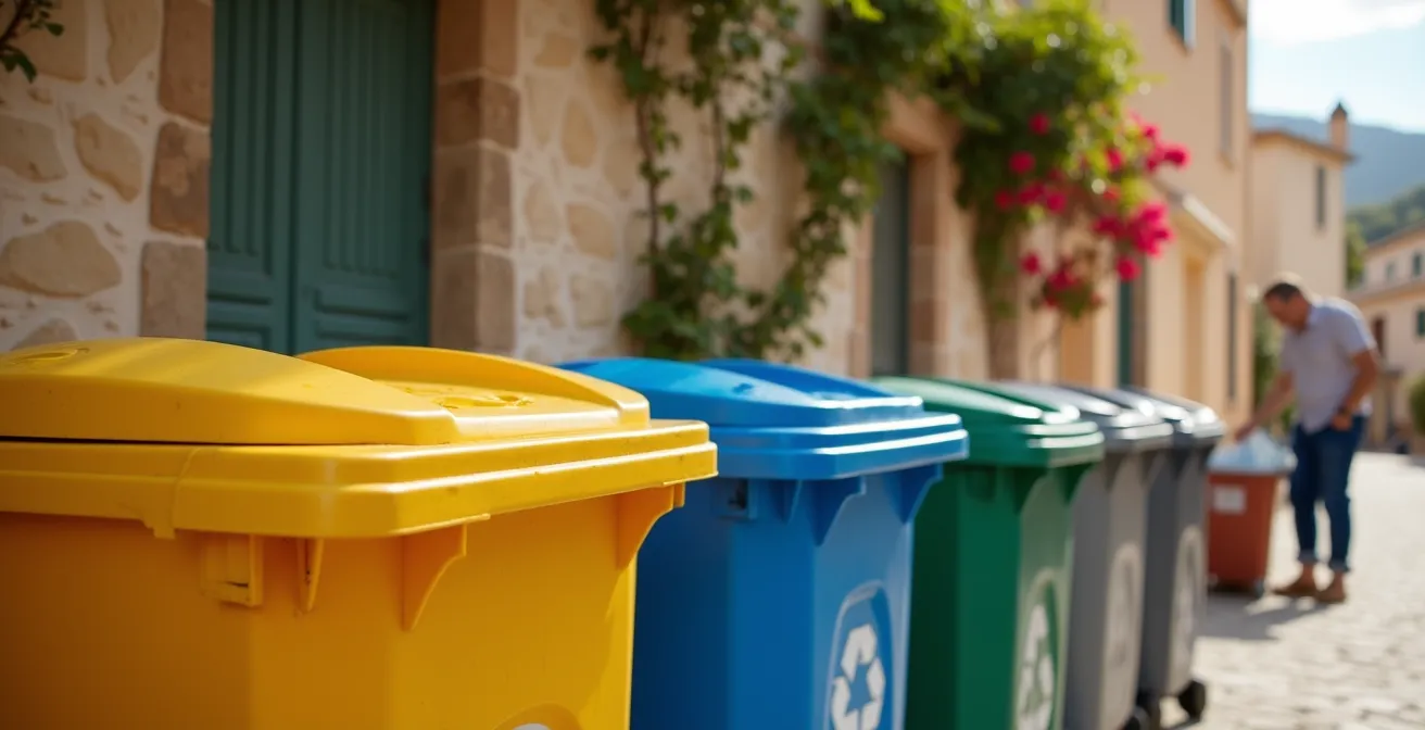 Reihe bunter Müllcontainer an einer mediterranen Straße im warmen Abendlicht