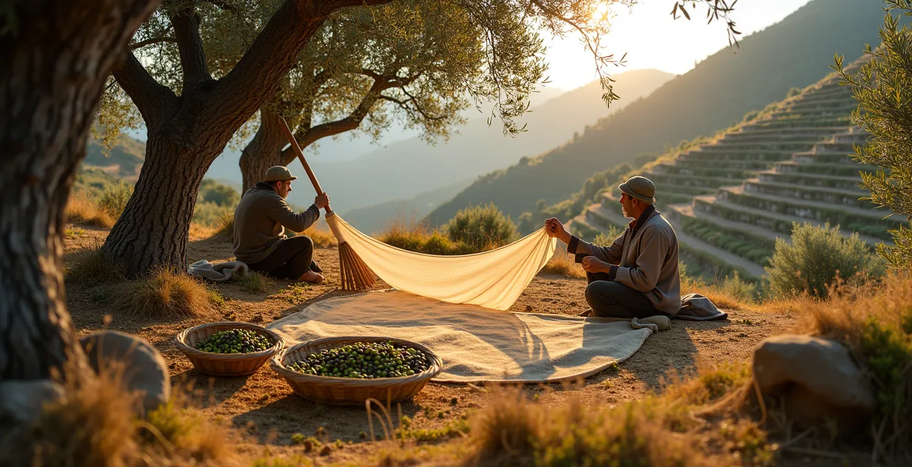 Erntehelfer mit traditionellen Netzen unter alten Olivenbäumen auf Terrassenhängen