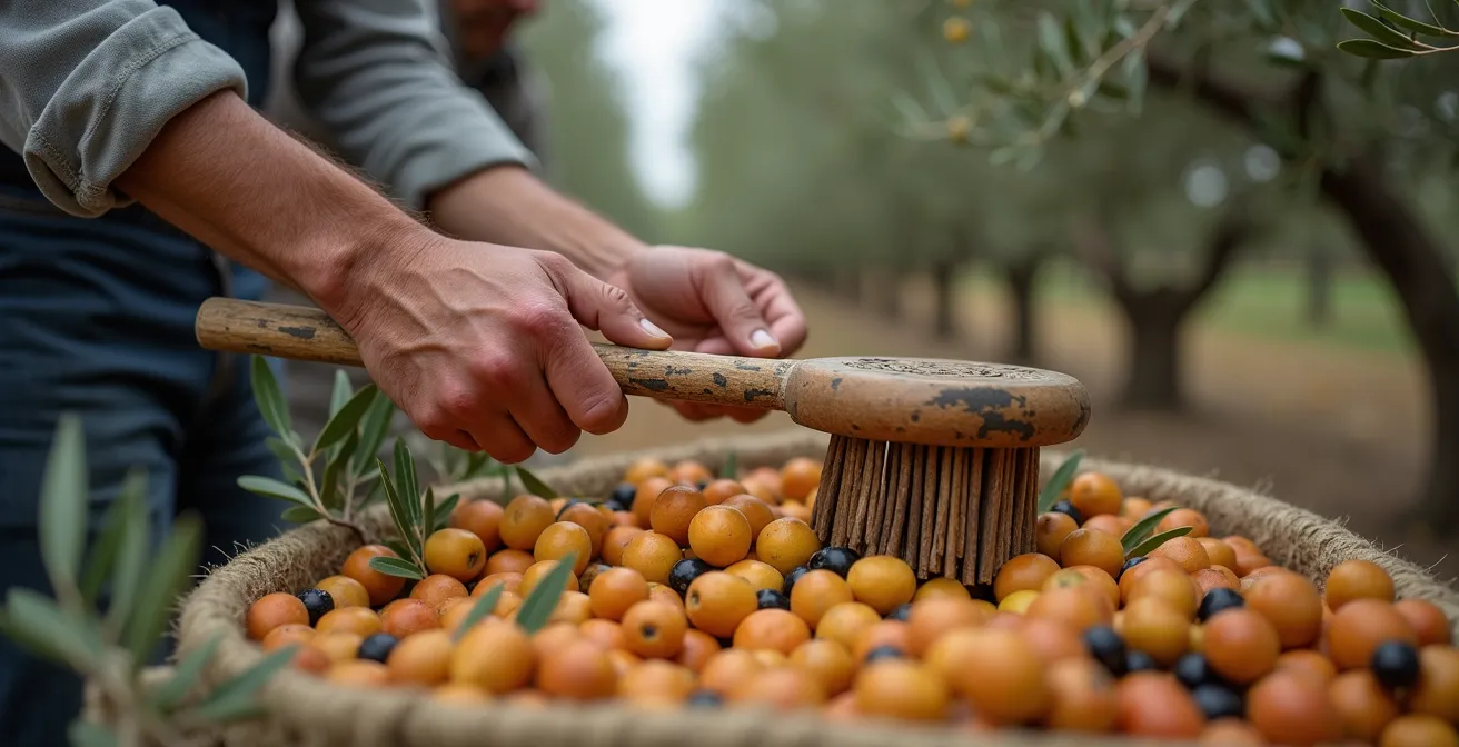 Traditionelle Olivenernte auf Mallorca mit Netzen unter alten Olivenbäumen