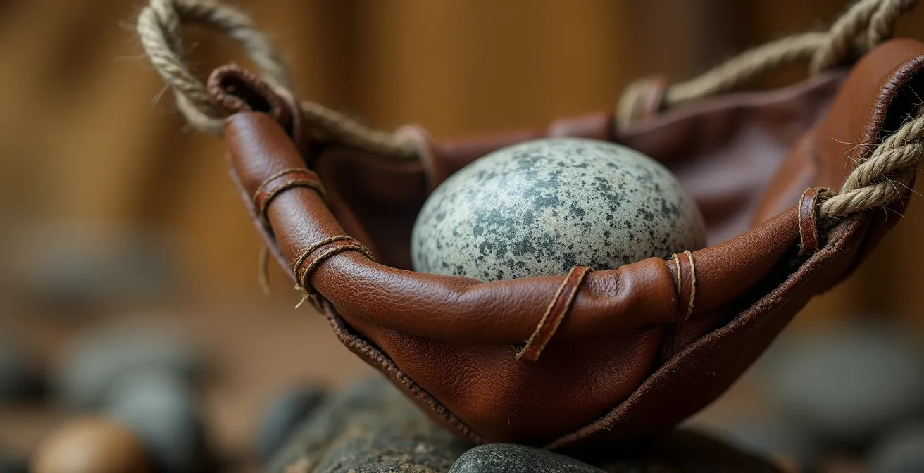 Makroaufnahme einer gespannten Lederschleuder mit Stein im kritischen Moment