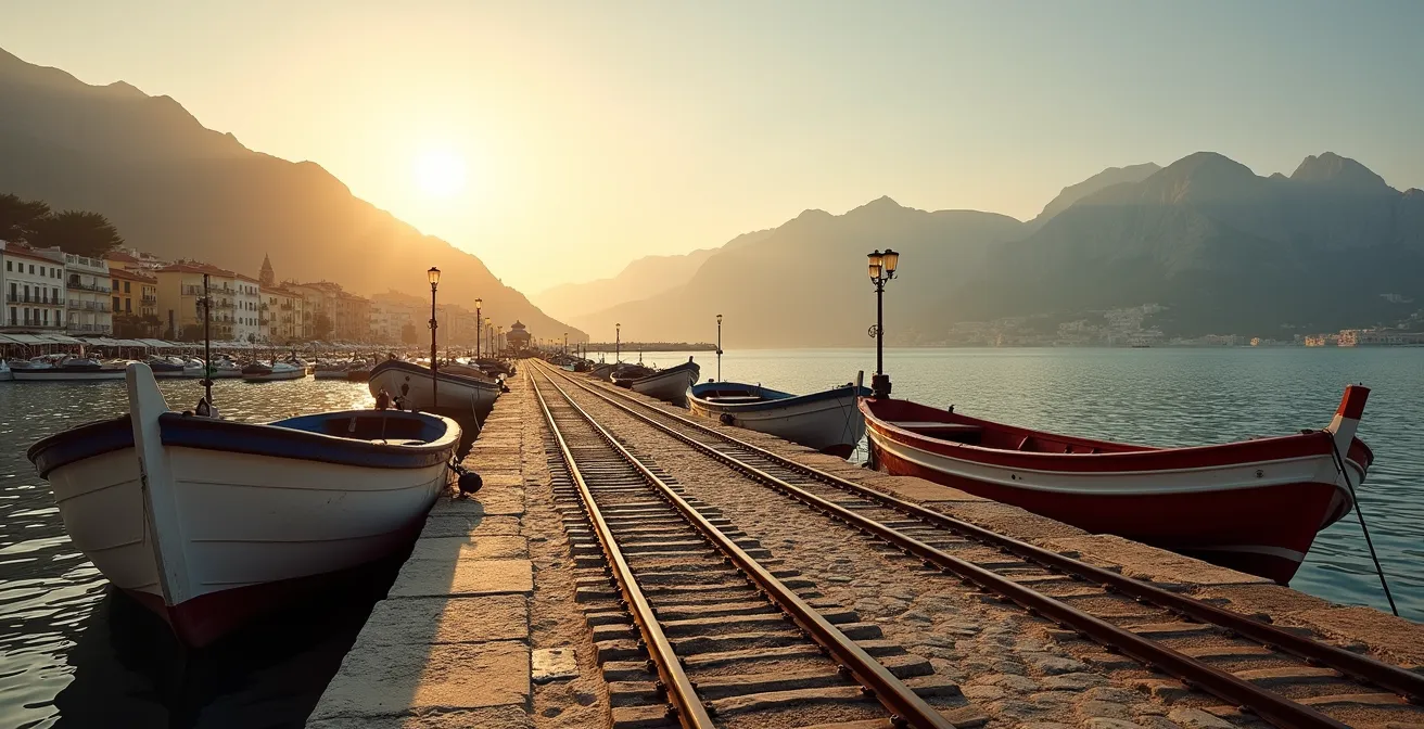Port de Sóller im Morgenlicht mit historischer Straßenbahn und Tramuntana-Bergen im Hintergrund