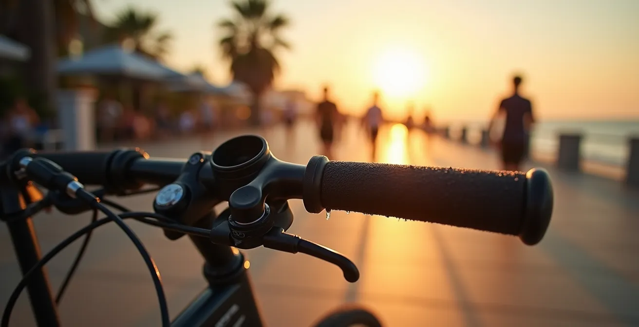 Morgendliche Strandpromenade von Portixol mit Joggern und traditionellen Fischerhäusern
