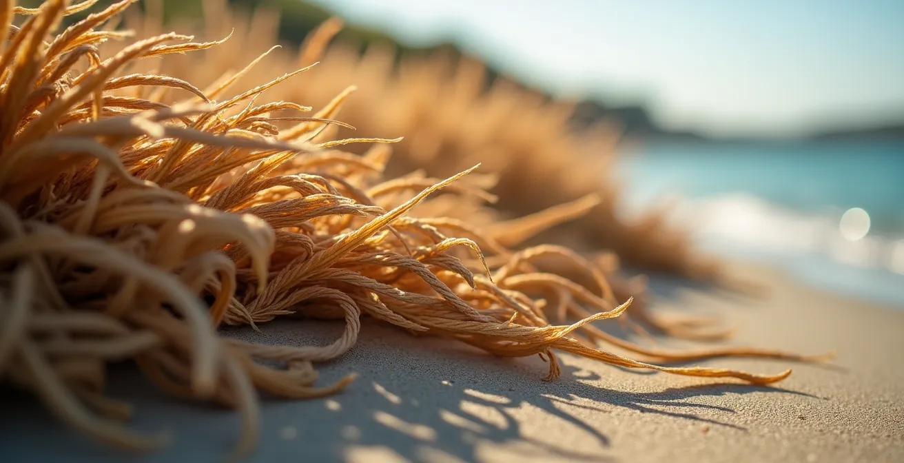 Nahaufnahme von getrockneten Posidonia-Seegrasfasern, die die natürliche Textur am Strand von Es Trenc zeigen