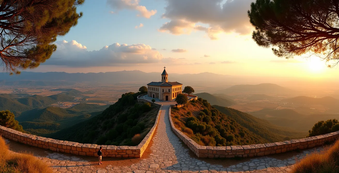 Panoramablick vom Puig de Randa über die mallorquinische Ebene bei goldenem Licht