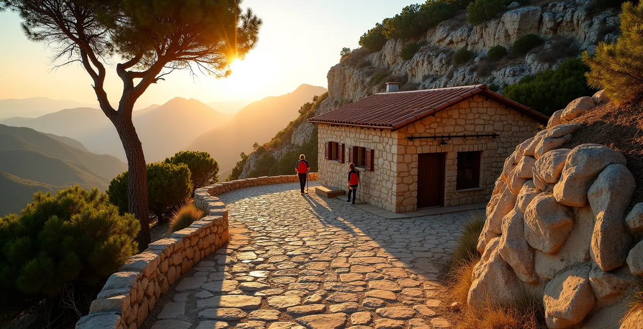 Weitwinkelaufnahme einer traditionellen Steinberghütte in der Serra de Tramuntana bei Sonnenuntergang